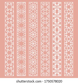 Vector set of line borders with geometric repeating texture. Isolated design elements for page decoration, headline, banners, wedding invitation cards. Fashion white lace collection