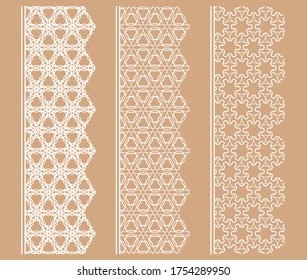 Vector set of line borders with geometric repeating texture. Isolated design elements for page decoration, headline, banners, wedding invitation cards. Fashion white lace collection
