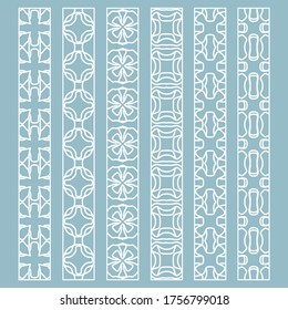 Vector set of line borders with geometric repeating texture. Isolated design elements for page decoration, headline, banners, wedding invitation cards. Fashion white lace collection