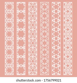 Vector set of line borders with geometric repeating texture. Isolated design elements for page decoration, headline, banners, wedding invitation cards. Fashion white lace collection