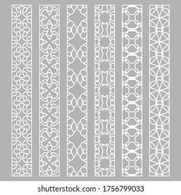 Vector set of line borders with geometric repeating texture. Isolated design elements for page decoration, headline, banners, wedding invitation cards. Fashion white lace collection