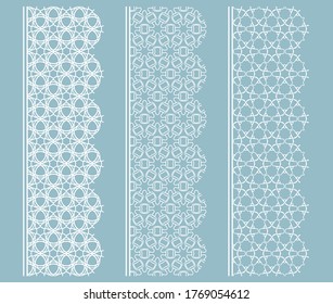 Vector set of line borders with geometric repeating texture. Isolated design elements for page decoration, headline, banners, wedding invitation cards. Fashion white lace collection