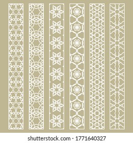 Vector set of line borders with geometric repeating texture. Isolated design elements for page decoration, headline, banners, wedding invitation cards. Fashion white lace collection