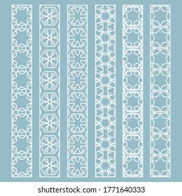 Vector set of line borders with geometric repeating texture. Isolated design elements for page decoration, headline, banners, wedding invitation cards. Fashion white lace collection