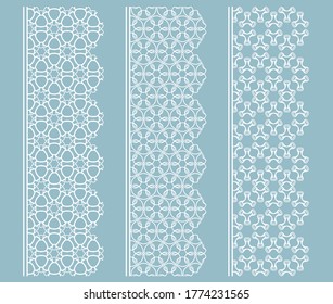 Vector set of line borders with geometric repeating texture. Isolated design elements for page decoration, headline, banners, wedding invitation cards. Fashion white lace collection