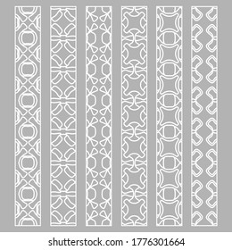 Vector set of line borders with geometric repeating pattern. Isolated design elements for page decoration, headline, banners, wedding invitation cards. Fashion white lace collection