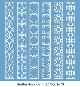 Vector set of line borders with geometric repeating pattern. Isolated design elements for page decoration, headline, banners, wedding invitation cards. Fashion white lace collection