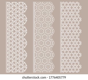 Vector set of line borders with geometric repeating texture. Isolated design elements for page decoration, headline, banners, wedding invitation cards. Fashion white lace collection