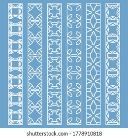 Vector set of line borders with geometric repeating texture. Isolated design elements for page decoration, headline, banners, wedding invitation cards. Fashion white lace collection