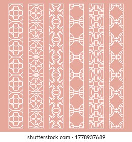 Vector set of line borders with geometric repeating texture. Isolated design elements for page decoration, headline, banners, wedding invitation cards. Fashion white lace collection