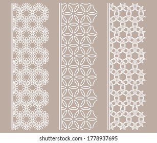 Vector set of line borders with geometric repeating texture. Isolated design elements for page decoration, headline, banners, wedding invitation cards. Fashion white lace collection