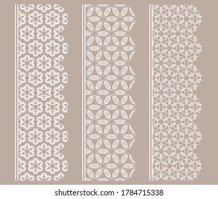 Vektorsatz von Zeilengrenzen mit geometrischer Wiederholung. Einzige Design-Elemente für Seitendekoration, Schlagzeile, Banner, Hochzeitseinladungskarten. Fashion-White-Lace-Kollektion