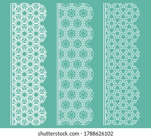 Vector set of line borders with geometric repeating texture. Isolated design elements for page decoration, headline, banners, wedding invitation cards. Fashion white lace collection