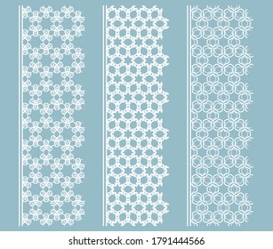Vector set of line borders with geometric repeating texture. Isolated design elements for page decoration, headline, banners, wedding invitation cards. Fashion white lace collection