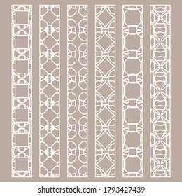 Vector set of line borders with geometric repeating texture. Isolated design elements for page decoration, headline, banners, wedding invitation cards. Fashion white lace collection
