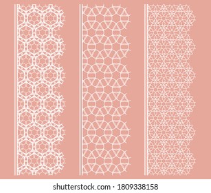 Vector set of line borders with geometric repeating texture. Isolated design elements for page decoration, headline, banners, wedding invitation cards. Fashion white lace collection