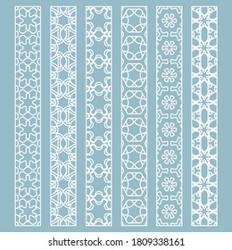 Vector set of line borders with geometric repeating texture. Isolated design elements for page decoration, headline, banners, wedding invitation cards. Fashion white lace collection