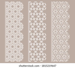 Vector set of line borders with geometric repeating texture. Isolated design elements for page decoration, headline, banners, wedding invitation cards. Fashion white lace collection