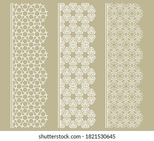 Vector set of line borders with geometric repeating texture. Isolated design elements for page decoration, headline, banners, wedding invitation cards. Fashion white lace collection