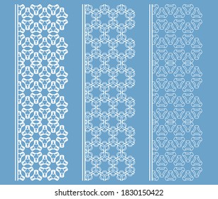 Vector set of line borders with geometric repeating texture. Isolated design elements for page decoration, headline, banners, wedding invitation cards. Fashion white lace collection