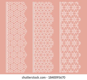Vector set of line borders with geometric repeating texture. Isolated design elements for page decoration, headline, banners, wedding invitation cards. Fashion white lace collection