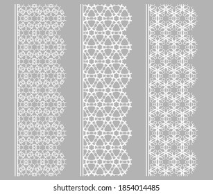 Conjunto vectorial de bordes de línea con textura repetitiva geométrica. Elementos de diseño aislados para la decoración de páginas, titular, banners, tarjetas de invitación para bodas. Colección de encajes blancos de moda
