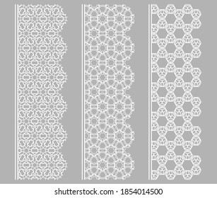 Vector set of line borders with geometric repeating texture. Isolated design elements for page decoration, headline, banners, wedding invitation cards. Fashion white lace collection