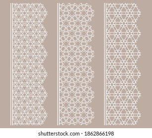 Vector set of line borders with geometric repeating texture. Isolated design elements for page decoration, headline, banners, wedding invitation cards. Fashion white lace collection