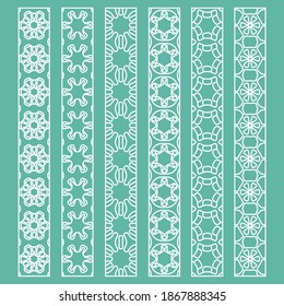 Vector set of line borders with geometric repeating texture. Isolated design elements for page decoration, headline, banners, wedding invitation cards. Fashion white lace collection