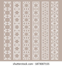 Vector set of line borders with geometric repeating texture. Isolated design elements for page decoration, headline, banners, wedding invitation cards. Fashion white lace collection