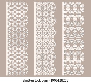 Vector set of line borders with geometric repeating texture. Isolated design elements for page decoration, headline, banners, wedding invitation cards. Fashion white lace collection