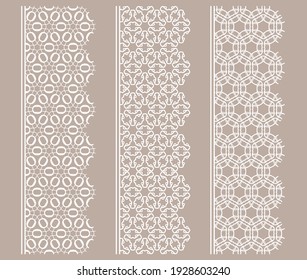 Vector set of line borders with geometric repeating texture. Isolated design elements for page decoration, headline, banners, wedding invitation cards. Fashion white lace collection