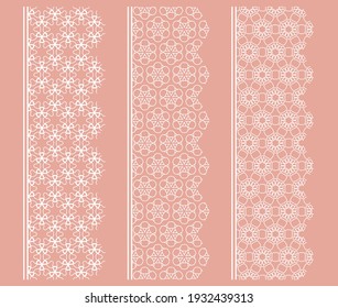 Vector set of line borders with geometric repeating texture. Isolated design elements for page decoration, headline, banners, wedding invitation cards. Fashion white lace collection