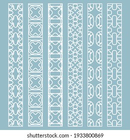 Vector set of line borders with geometric repeating texture. Isolated design elements for page decoration, headline, banners, wedding invitation cards. Fashion white lace collection
