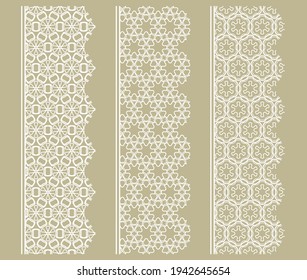 Vector set of line borders with geometric repeating texture. Isolated design elements for page decoration, headline, banners, wedding invitation cards. Fashion white lace collection