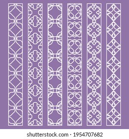 Vector set of line borders with geometric repeating texture. Isolated design elements for page decoration, headline, banners, wedding invitation cards. Fashion white lace collection