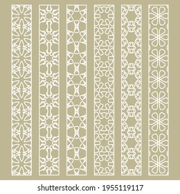 Vector set of line borders with geometric repeating texture. Isolated design elements for page decoration, headline, banners, wedding invitation cards. Fashion white lace collection