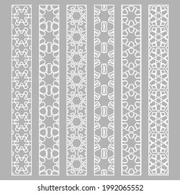 Vector set of line borders with geometric repeating texture. Isolated design elements for page decoration, headline, banners, wedding invitation cards. Fashion white lace collection