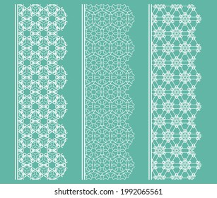 Vector set of line borders with geometric repeating texture. Isolated design elements for page decoration, headline, banners, wedding invitation cards. Fashion white lace collection