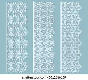 Vector set of line borders with geometric repeating texture. Isolated design elements for page decoration, headline, banners, wedding invitation cards. Fashion white lace collection