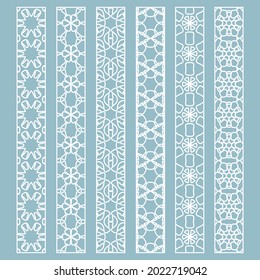 Vector set of line borders with geometric repeating texture. Isolated design elements for page decoration, headline, banners, wedding invitation cards. Fashion white lace collection
