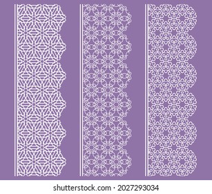 Vector set of line borders with geometric repeating texture. Isolated design elements for page decoration, headline, banners, wedding invitation cards. Fashion white lace collection