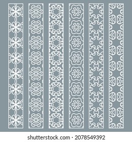 Vector set of line borders with geometric repeating texture. Isolated design elements for page decoration, headline, banners, wedding invitation cards. Fashion white lace collection
