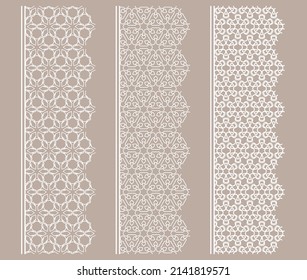 Conjunto vectorial de bordes de línea con textura repetitiva geométrica. Elementos de diseño aislados para la decoración de páginas, titular, banners, tarjetas de invitación para bodas. Colección de encajes blancos de moda