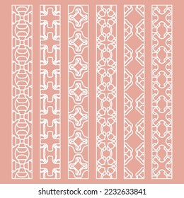 Vector set of line borders with geometric repeating texture. Isolated design elements for page decoration, headline, banners, wedding invitation cards. Fashion white lace collection