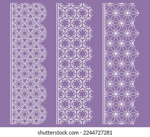 Vector set of line borders with geometric repeating texture. Isolated design elements for page decoration, headline, banners, wedding invitation cards. Fashion white lace collection