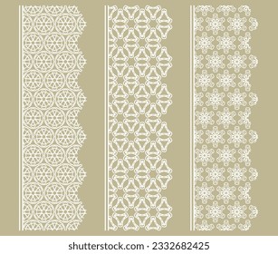 Conjunto vectorial de bordes de línea con textura repetitiva geométrica. Elementos de diseño aislados para la decoración de páginas, titular, banners, tarjetas de invitación para bodas. Colección de encajes blancos de moda