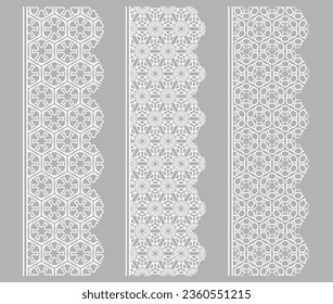 Vector set of line borders with geometric repeating texture. Isolated design elements for page decoration, headline, banners, wedding invitation cards. Fashion white lace collection