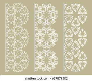 Vector set of line borders with geometric repeating texture. Isolated design elements for page decoration, headline, banners, wedding invitation cards. Fashion white lace collection