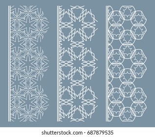 Vector set of line borders with geometric repeating texture. Isolated design elements for page decoration, headline, banners, wedding invitation cards. Fashion white lace collection